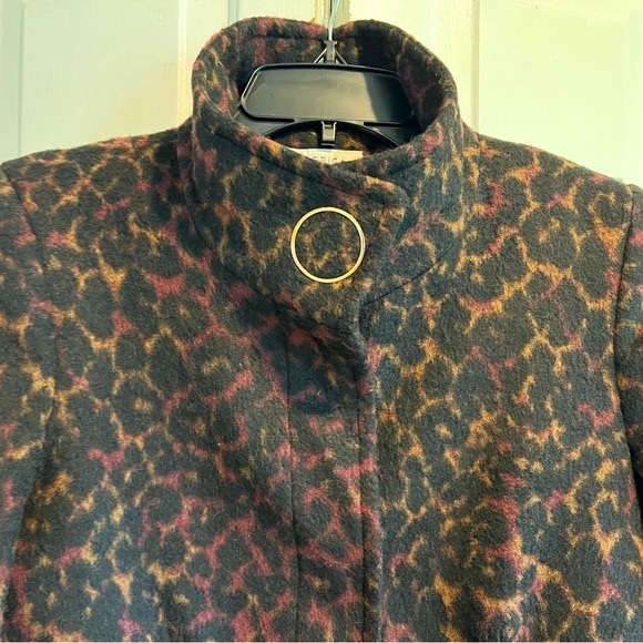 VIA SPIGA 🐆 Stand Collar,  Wine Leopard Print,
Wool Blend Overcoat, Large Snaps - Picture 2 of 12